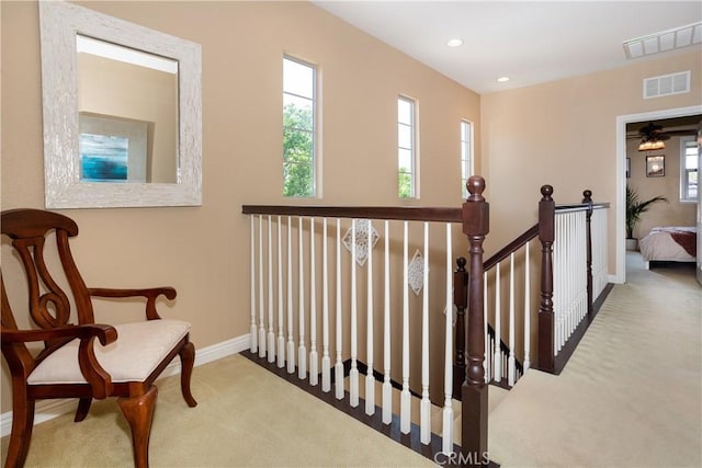 15530 New Park Ter, San Diego, CA 92127 - hallway with carpet flooring, an upstairs landing, baseboards, and recessed lighting