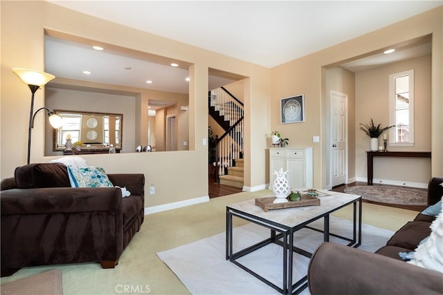 15530 New Park Ter, San Diego, CA 92127 - carpeted living area featuring stairway, recessed lighting, and baseboards