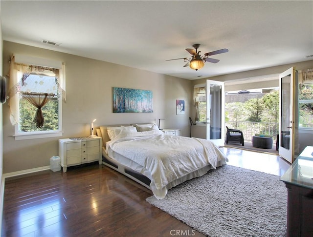 12949 Pinewood Ln, Yucaipa, CA 92399 - bedroom with access to outside, baseboards, wood finished floors, and a ceiling fan