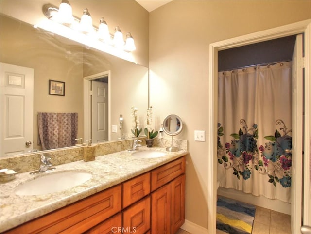 12949 Pinewood Ln, Yucaipa, CA 92399 - bathroom featuring double vanity, tile patterned floors, a shower with shower curtain, and baseboards
