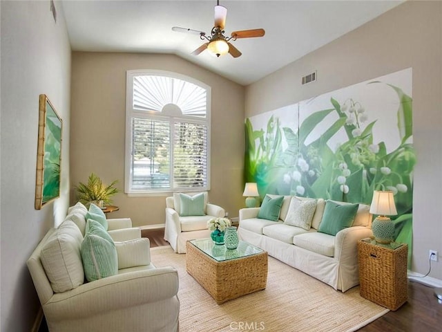 12949 Pinewood Ln, Yucaipa, CA 92399 - living room with ceiling fan, wood finished floors, vaulted ceiling, and baseboards