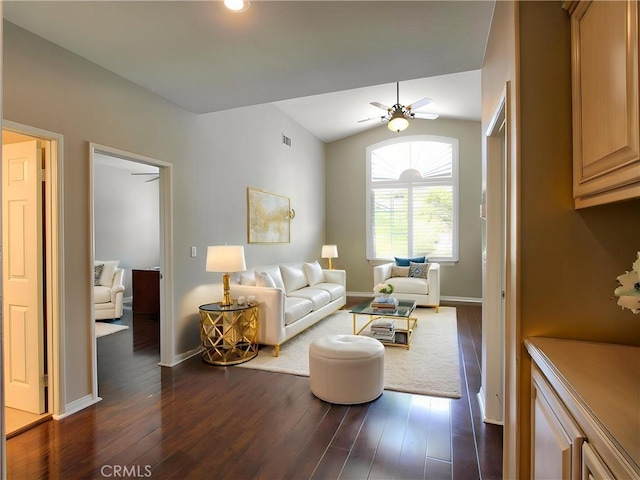 12949 Pinewood Ln, Yucaipa, CA 92399 - living room with dark wood-style floors, ceiling fan, lofted ceiling, and baseboards