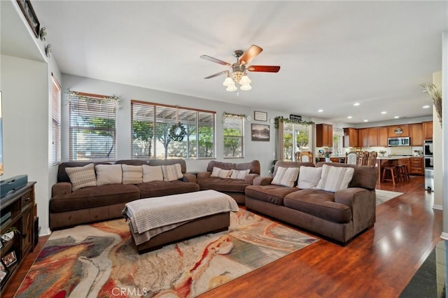 6688 Banyan Ave, Hesperia, CA 92345 - living room with healthy amount of natural light, ceiling fan, recessed lighting, and wood finished floors