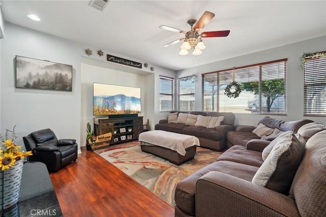 6688 Banyan Ave, Hesperia, CA 92345 - living area with ceiling fan, wood finished floors, and recessed lighting