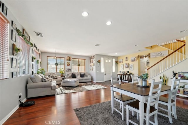 6688 Banyan Ave, Hesperia, CA 92345 - dining room with stairs, baseboards, wood finished floors, and recessed lighting
