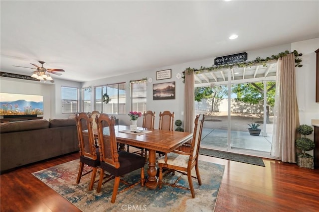 6688 Banyan Ave, Hesperia, CA 92345 - dining area featuring healthy amount of natural light, wood finished floors, a ceiling fan, and recessed lighting