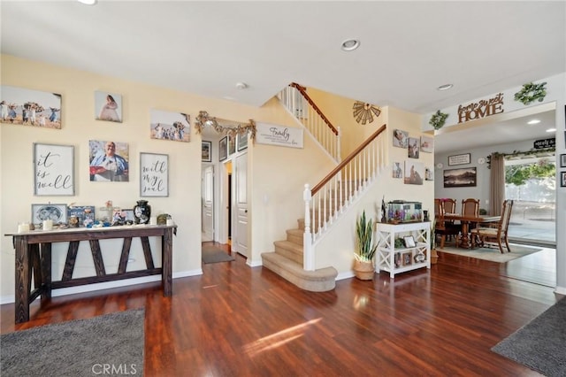6688 Banyan Ave, Hesperia, CA 92345 - entryway featuring stairs, wood finished floors, recessed lighting, and baseboards