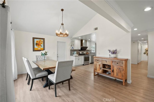 1420 Bookman Ave, Walnut, CA 91789 - dining space with a chandelier, light wood-style floors, vaulted ceiling, baseboards, and recessed lighting