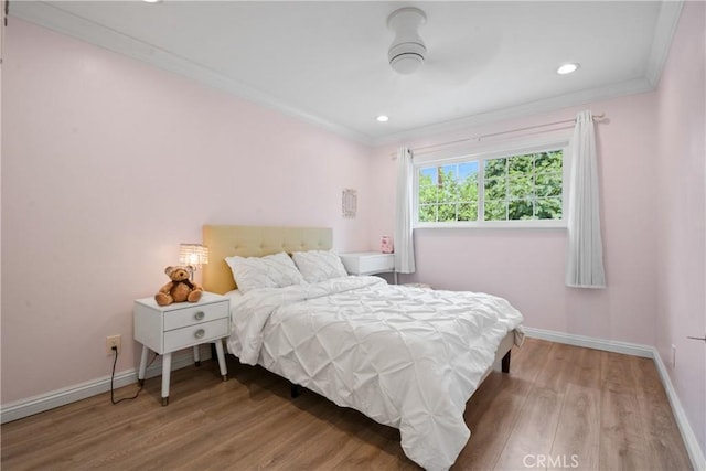 1420 Bookman Ave, Walnut, CA 91789 - bedroom featuring baseboards, wood finished floors, crown molding, and recessed lighting