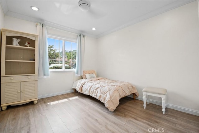 1420 Bookman Ave, Walnut, CA 91789 - bedroom with baseboards, wood finished floors, recessed lighting, a ceiling fan, and ornamental molding