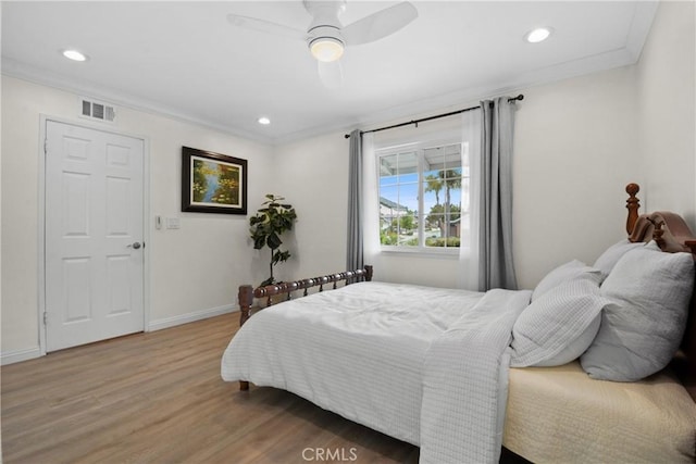 1420 Bookman Ave, Walnut, CA 91789 - bedroom with wood finished floors, ornamental molding, recessed lighting, baseboards, and a ceiling fan