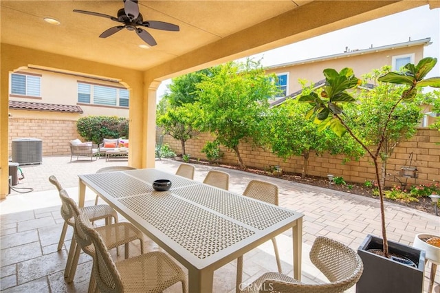323 La Ventana Dr, Brea, CA 92823 - fenced backyard featuring central AC unit, a patio, ceiling fan, and outdoor dining area