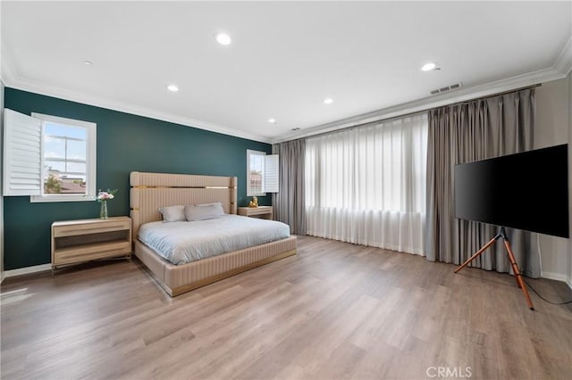 323 La Ventana Dr, Brea, CA 92823 - bedroom with crown molding, multiple windows, wood finished floors, baseboards, and recessed lighting