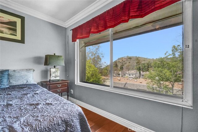 5927 E Creekside Ave Unit 18, Orange, CA 92869 - bedroom with wood finished floors, ornamental molding, baseboards, and a mountain view