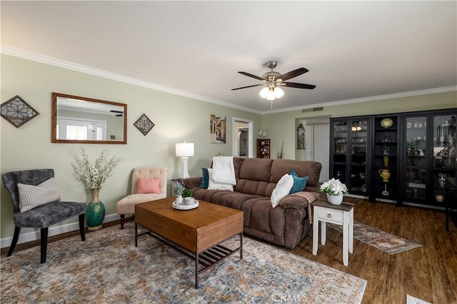 26190 Ridgemoor Rd, Menifee, CA 92586 - living room featuring ornamental molding, wood finished floors, and a ceiling fan