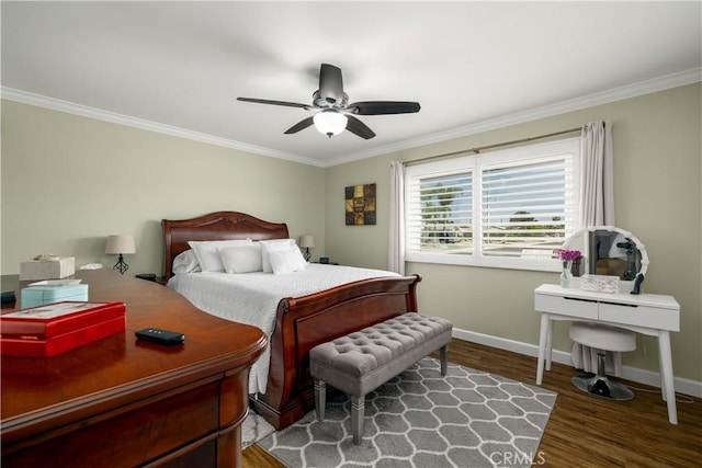 26190 Ridgemoor Rd, Menifee, CA 92586 - bedroom with ornamental molding, wood finished floors, and a ceiling fan