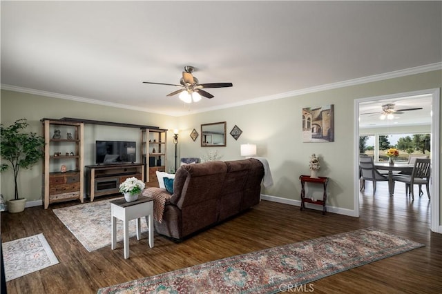 26190 Ridgemoor Rd, Menifee, CA 92586 - living area featuring a ceiling fan, wood finished floors, and ornamental molding