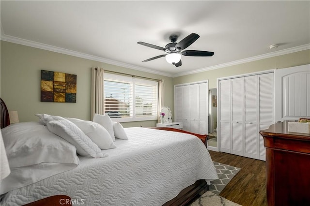 26190 Ridgemoor Rd, Menifee, CA 92586 - bedroom featuring crown molding, multiple closets, dark wood-type flooring, and ceiling fan