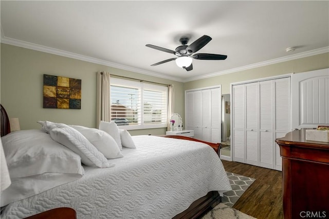 26190 Ridgemoor Rd, Menifee, CA 92586 - bedroom featuring crown molding, two closets, dark wood-style floors, and a ceiling fan
