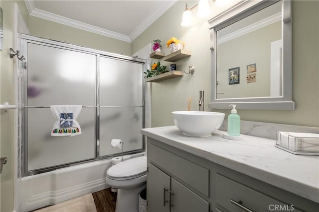 26190 Ridgemoor Rd, Menifee, CA 92586 - full bath featuring vanity, ornamental molding, shower / bath combination with glass door, and wood finished floors