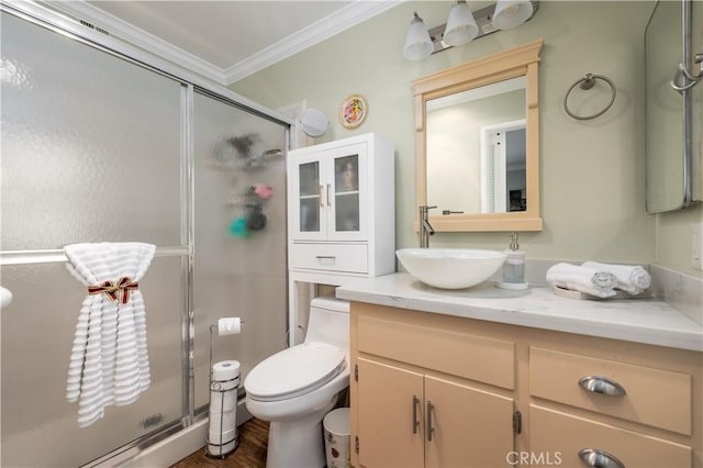 26190 Ridgemoor Rd, Menifee, CA 92586 - bathroom with ornamental molding, vanity, a shower stall, and toilet