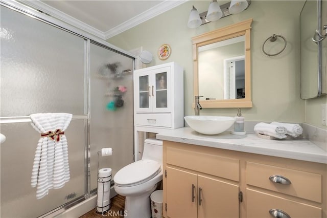 26190 Ridgemoor Rd, Menifee, CA 92586 - full bath with crown molding, vanity, and a stall shower