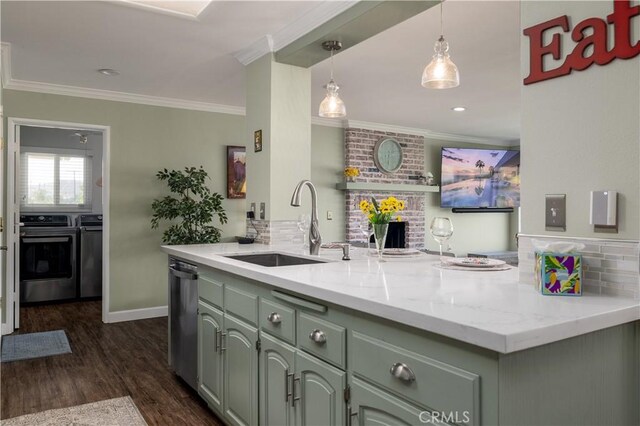 26190 Ridgemoor Rd, Menifee, CA 92586 - kitchen with a sink, stove, stainless steel dishwasher, a peninsula, and ornamental molding