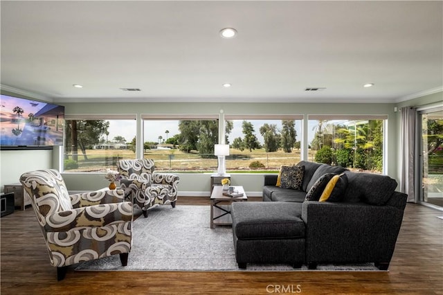 26190 Ridgemoor Rd, Menifee, CA 92586 - living area featuring wood finished floors, ornamental molding, and recessed lighting