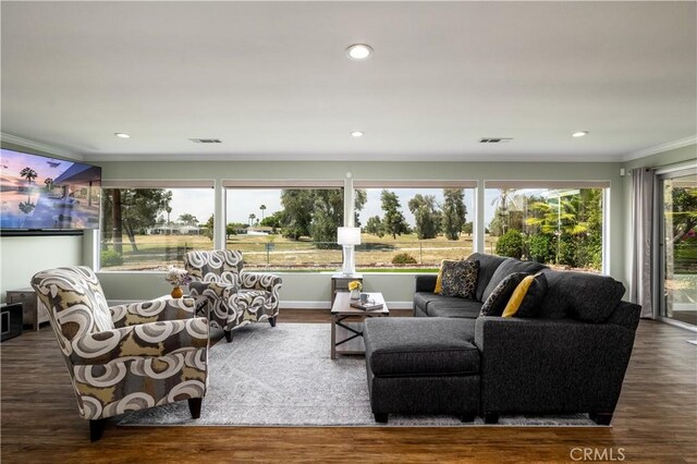 26190 Ridgemoor Rd, Menifee, CA 92586 - living area featuring wood finished floors, ornamental molding, and recessed lighting