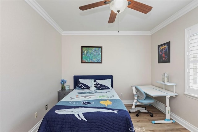 8851 Soothing Ct, Corona, CA 92883 - bedroom featuring wood finished floors, crown molding, baseboards, and a ceiling fan
