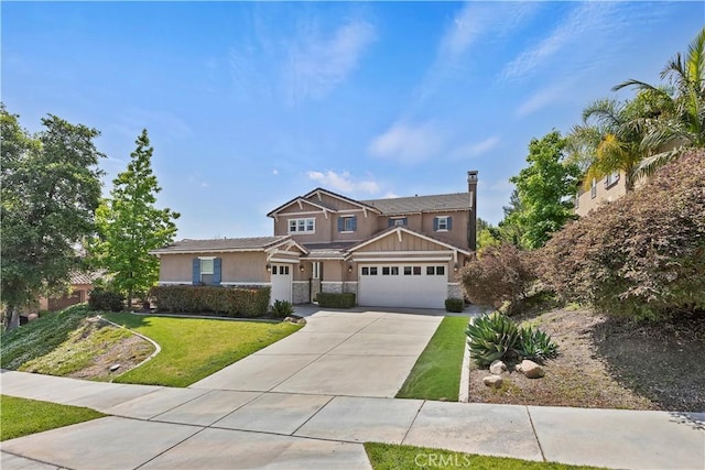 8851 Soothing Ct, Corona, CA 92883 - craftsman house with stone siding, driveway, a front lawn, stucco siding, and a garage