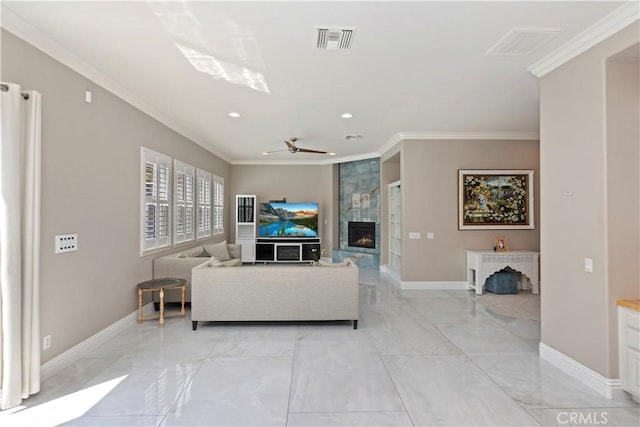 8851 Soothing Ct, Corona, CA 92883 - living area featuring light marble finish flooring, baseboards, a fireplace, ornamental molding, and recessed lighting