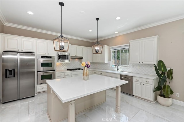 8851 Soothing Ct, Corona, CA 92883 - kitchen featuring appliances with stainless steel finishes, light marble finish flooring, white cabinets, light countertops, and decorative backsplash