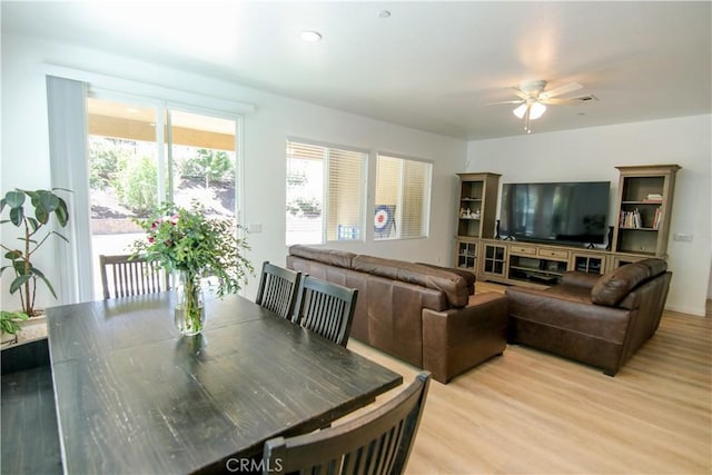 24649 Round Meadow Dr, Menifee, CA 92584 - dining room with a ceiling fan, light wood finished floors, and recessed lighting