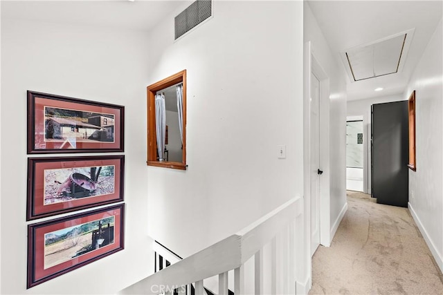 31342 Silverado Canyon Rd, Silverado Canyon, CA 92676 - corridor with attic access, an upstairs landing, carpet, and baseboards
