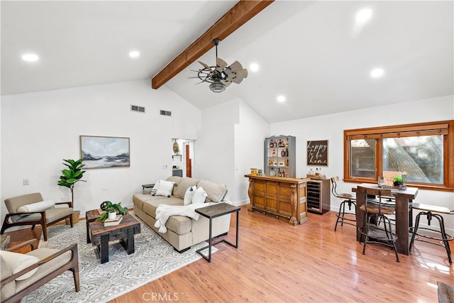 31342 Silverado Canyon Rd, Silverado Canyon, CA 92676 - living area with light wood finished floors, beam ceiling, wine cooler, a ceiling fan, and recessed lighting
