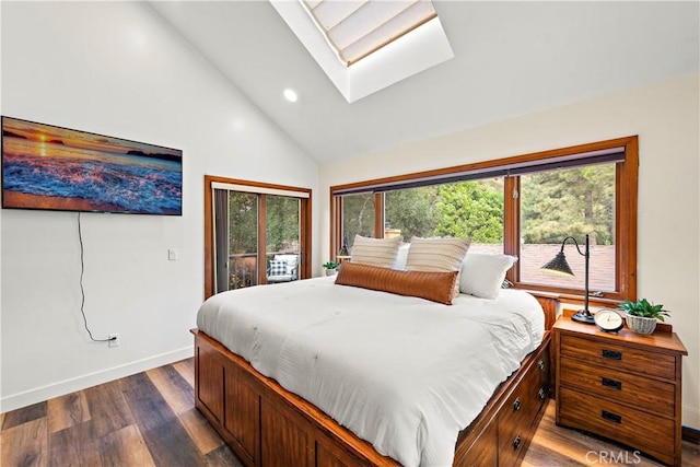 31342 Silverado Canyon Rd, Silverado Canyon, CA 92676 - bedroom with a skylight, multiple windows, baseboards, dark wood-style floors, and recessed lighting