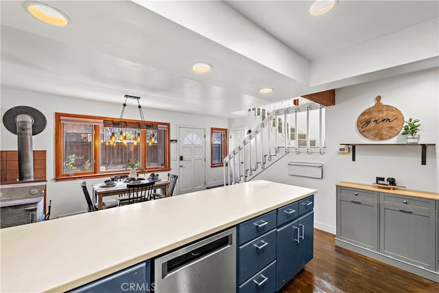 31342 Silverado Canyon Rd, Silverado Canyon, CA 92676 - kitchen featuring stainless steel dishwasher, light countertops, dark wood finished floors, and recessed lighting