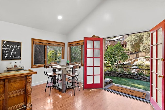 31342 Silverado Canyon Rd, Silverado Canyon, CA 92676 - dining space featuring wood finished floors, french doors, high vaulted ceiling, recessed lighting, and baseboards