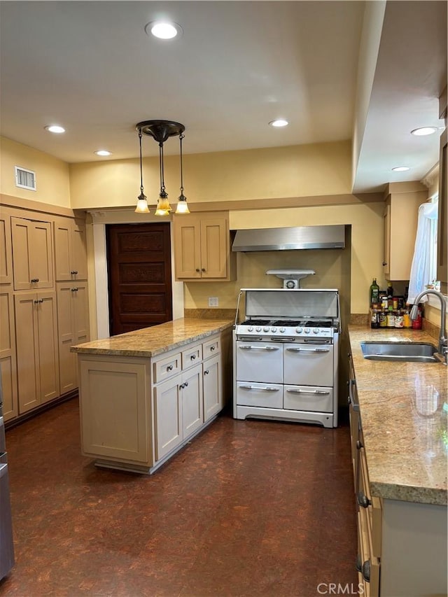 163 S Kingsley, Los Angeles, CA 90004 - kitchen featuring double oven range, a sink, a peninsula, ventilation hood, and light stone countertops