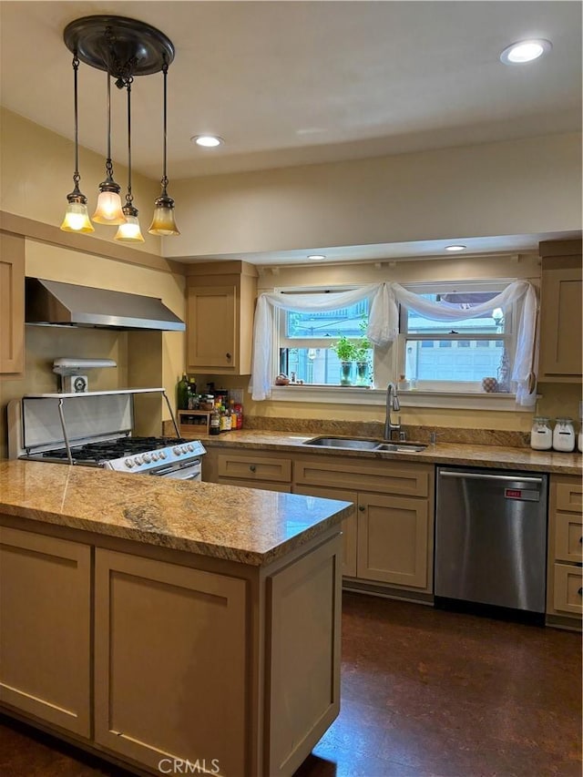 163 S Kingsley, Los Angeles, CA 90004 - kitchen with stainless steel appliances, wall chimney range hood, a sink, dark floors, and hanging light fixtures