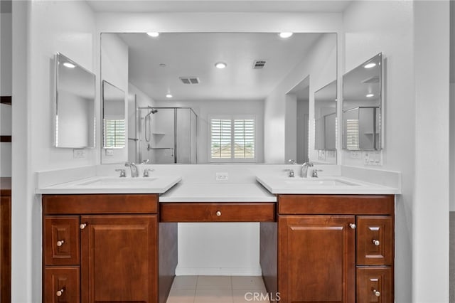6864 Ripple Ct, Jurupa Valley, CA 91752 - bathroom with double vanity, a stall shower, healthy amount of natural light, and recessed lighting