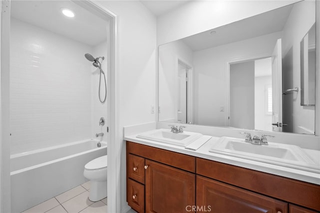 6864 Ripple Ct, Jurupa Valley, CA 91752 - bathroom featuring toilet, double vanity, tile patterned floors, and shower / washtub combination