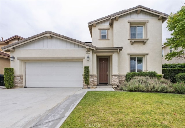 6864 Ripple Ct, Jurupa Valley, CA 91752 - craftsman inspired home with stone siding, a tile roof, concrete driveway, a front lawn, and a garage