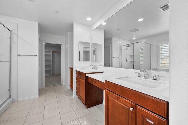 6864 Ripple Ct, Jurupa Valley, CA 91752 - full bath featuring a stall shower, double vanity, a walk in closet, tile patterned floors, and recessed lighting