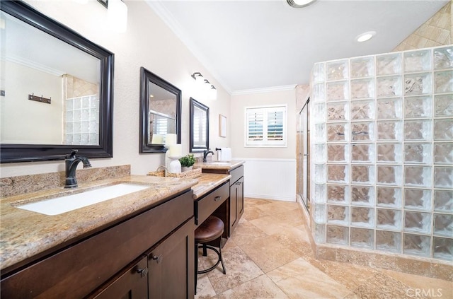 11015 Charleston St, Rancho Cucamonga, CA 91701 - bathroom featuring crown molding, a stall shower, vanity, and a wainscoted wall