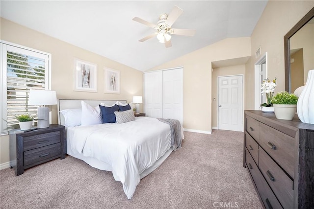 11015 Charleston St, Rancho Cucamonga, CA 91701 - bedroom featuring lofted ceiling, a closet, light carpet, baseboards, and ceiling fan
