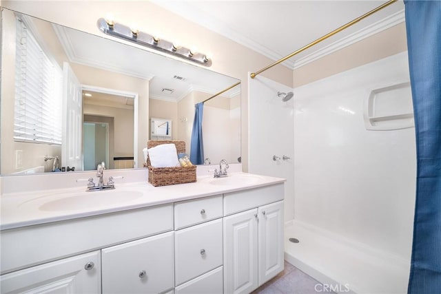 11015 Charleston St, Rancho Cucamonga, CA 91701 - full bathroom with crown molding, double vanity, and a shower with curtain