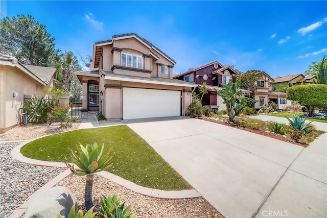 11015 Charleston St, Rancho Cucamonga, CA 91701 - view of front facade featuring an attached garage, stucco siding, concrete driveway, a gate, and a residential view