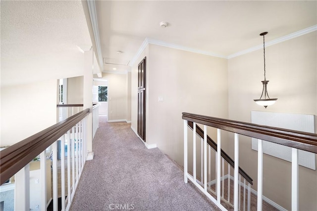 11015 Charleston St, Rancho Cucamonga, CA 91701 - corridor with ornamental molding, carpet, an upstairs landing, and baseboards